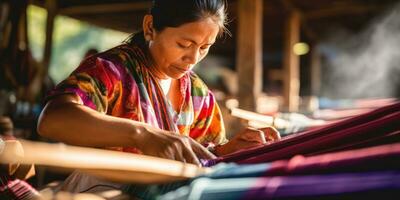 Master weaver is weaving fabric . AI Generated photo