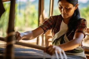 Master weaver is weaving fabric . AI Generated photo