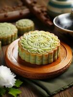 Chinese mid autumn festival mooncake on wooden table, AI Generated photo