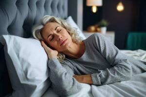 Tired middle aged woman lying in bed can't sleep late morning with insomnia. AI Generated photo
