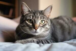 Gray striped cat lying in bed covered with blanket. AI Generated photo