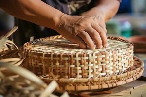 Woman weaving wicker basket indoors. AI Generated photo