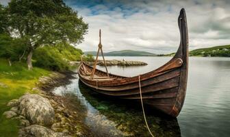 The Vikings' mighty longship moored on the sandy shore Creating using generative AI tools photo