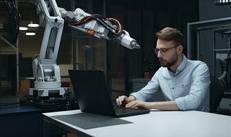 Young developer writing code and programming software application. Creating using generative AI tools photo