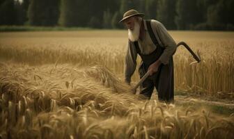 campesino cosecha trigo con un agudo guadaña creando utilizando generativo ai herramientas foto