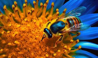 Macro shot of a honeybee's fuzzy body as it lands on a flower. Creating using generative AI tools photo