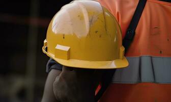 Protective hard hat held in a hand on a construction site. Creating using generative AI tools photo