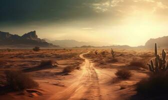 Majestic sunset illuminates the desert landscape with an endless road ahead. Creating using generative AI tools photo