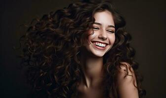 Beautiful brunette girl with cascading locks laughing heartily. Creating using generative AI tools photo