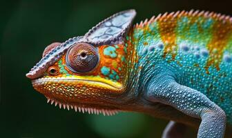Close-up of chameleon reveals colorful, changing skin Creating using generative AI tools photo