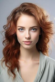 Portrait of the pretty young woman on gray studio background, created with generative AI photo