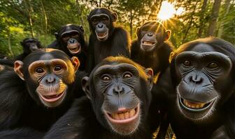 Delight in the adorable charm of a chimpanzee through a captivating selfie. Creating using generative AI tools photo