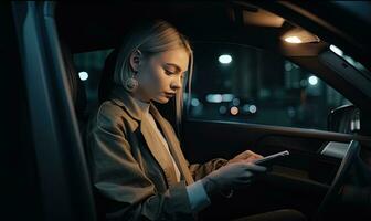 Female passenger scrolling on a tablet while on a car ride. Creating using generative AI tools photo