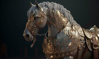 The majestic anthropomorphic horse gallops fearlessly, adorned in shining military armor. Creating using generative AI tools photo