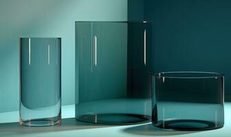 The minimalist beauty of transparent glass cylinders on a podium Creating using generative AI tools photo