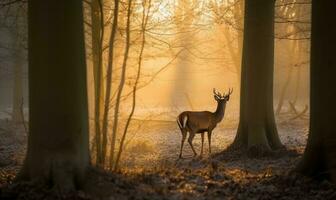 A stunning winter scene of a young deer in a misty forest at sunrise. Creating using generative AI tools photo