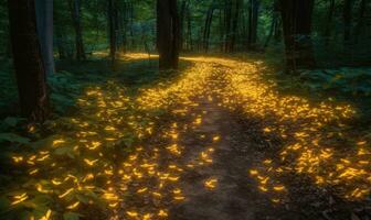 Magical forest path illuminated by glowing fireflies Creating using generative AI tools photo