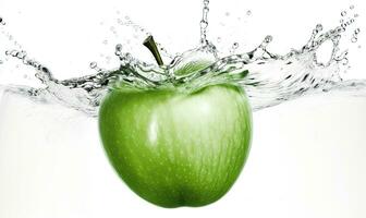 The isolated apple on white with the addition of water splashes. Creating using generative AI tools photo