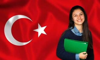 Teen student smiling over Turk flag photo