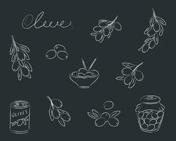 Vector illustration with olive branches, olives in a jar, canned olives, and olives on a plate with toothstick. Isolated vector illustration drawn in chalk on a black background.