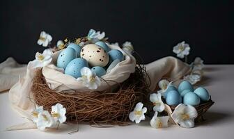 Beautifully decorated Easter eggs with sweets and flowers on beige background. Creating using generative AI tools photo