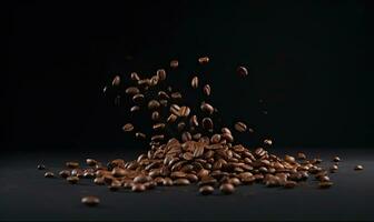 Brown roasted coffee beans falling on pile. Technology concept. Creating using generative AI tools photo