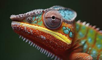 Close-up view of chameleon's rainbow-colored scales Creating using generative AI tools photo