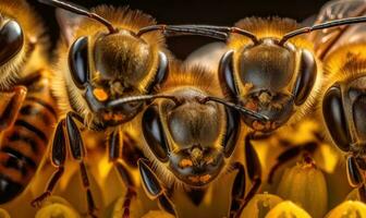 Explore the fascinating world of bees through a stunning macrophotography selfie. Creating using generative AI tools photo