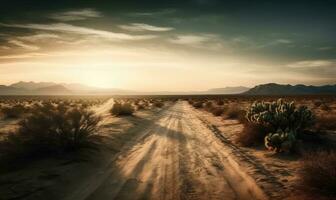 Serene desert landscape reveals an endless road stretching into the sunset. Creating using generative AI tools photo