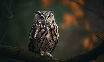 Closeup shot of owl with piercing eyes on branch. Creating using generative AI tools photo