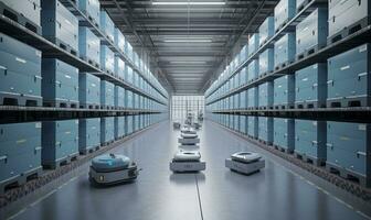 The high-tech warehouse, buzzing with automated robots. photo