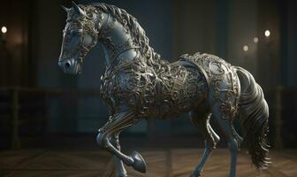 With noble grace and steadfast determination, the anthropomorphic horse commands the battlefield in military armor. Creating using generative AI tools photo