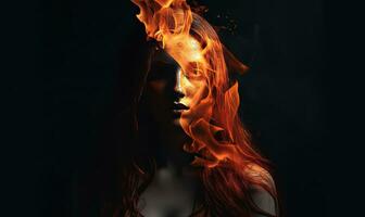 revestido en llamas, el enigmático mujer exudado un aura de misticismo y fuerza. creando utilizando generativo ai herramientas foto