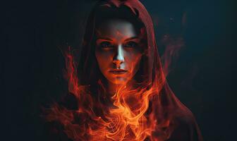 The female form danced amidst the fiery inferno, her allure and mystery intertwined. Creating using generative AI tools photo