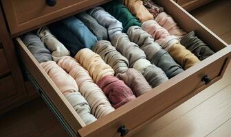 Organized sock drawer with socks folded and stacked. Creating using generative AI tools photo