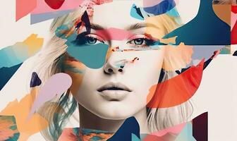 With a mix of colors and textures, the abstract modern art collage portrait captured the essence of the young woman. Creating using generative AI tools photo