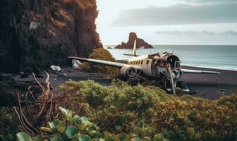 A haunting scene unfolds as an abandoned airplane meets the black sand beach. Creating using generative AI tools photo