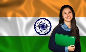 Teen student smiling over Indian flag photo