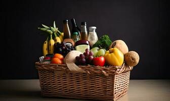 Fresh food galore This shopping basket has got it all. Creating using generative AI tools photo