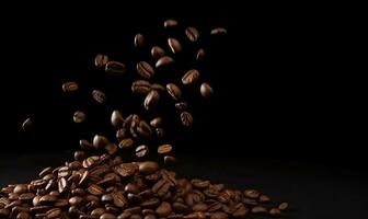 Flying down falling brown coffee beans on black background. Technology concept. Creating using generative AI tools photo