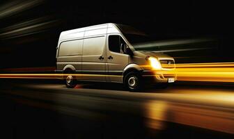 Illuminated delivery van making fast deliveries. Creating using generative AI tools photo