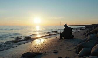 The fisherman near the sea is fishing Creating using generative AI tools photo