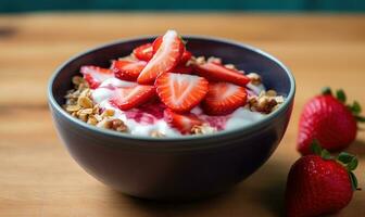 yogurt with fresh fruits in a white bowl photo
