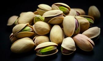 Pistachios arranged in a close-up on a table Creating using generative AI tools photo