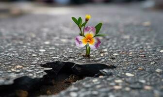 Flowers triumphantly growing in the midst of asphalt Creating using generative AI tools photo