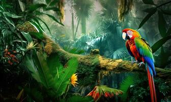 A tropical rainforest adventure complete with parrots Creating using generative AI tools photo