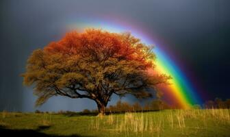 un vistoso mundo maravilloso en el bosque con arco iris arboles creando utilizando generativo ai herramientas foto