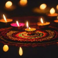 candles in the dark with ai generated. Oil lamp of Diwali photo