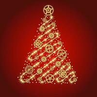 Gold christmas tree made of golden wire with gears, sparkles, little scattered stars on a red background in steampunk style. vector