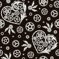 Seamless pattern with heart, gears, rivets, victorian elements in steampunk style. White elements on a black background. vector